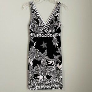 New Cache Black White Floral Double V-Neck Sleeveless Dress